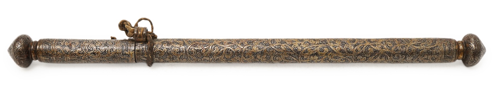 A Tibetan damascened iron scroll holder, 17th century